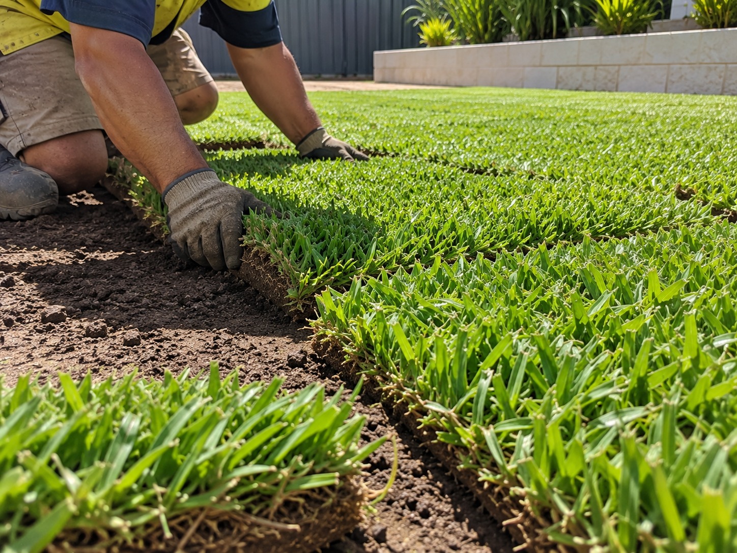 Installer laying fresh buffalo turf rolls in a Perth backyard