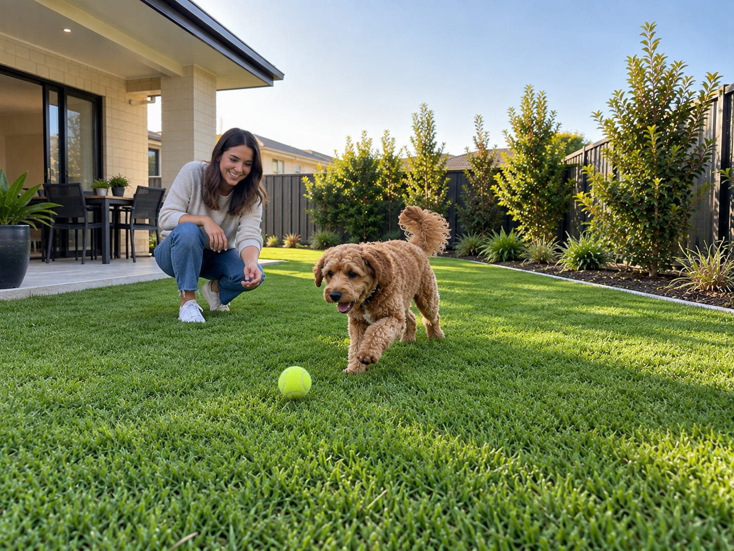Dog chasing a ball across a freshly installed lawn in a Perth backyard