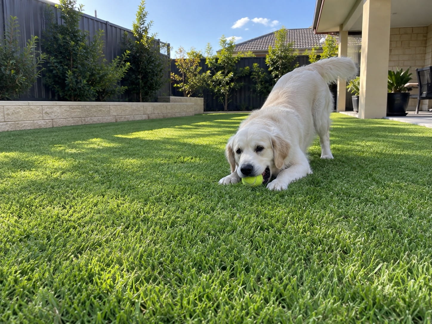 Golden retriever playing with a ball on a lush lawn in a Perth backyard
