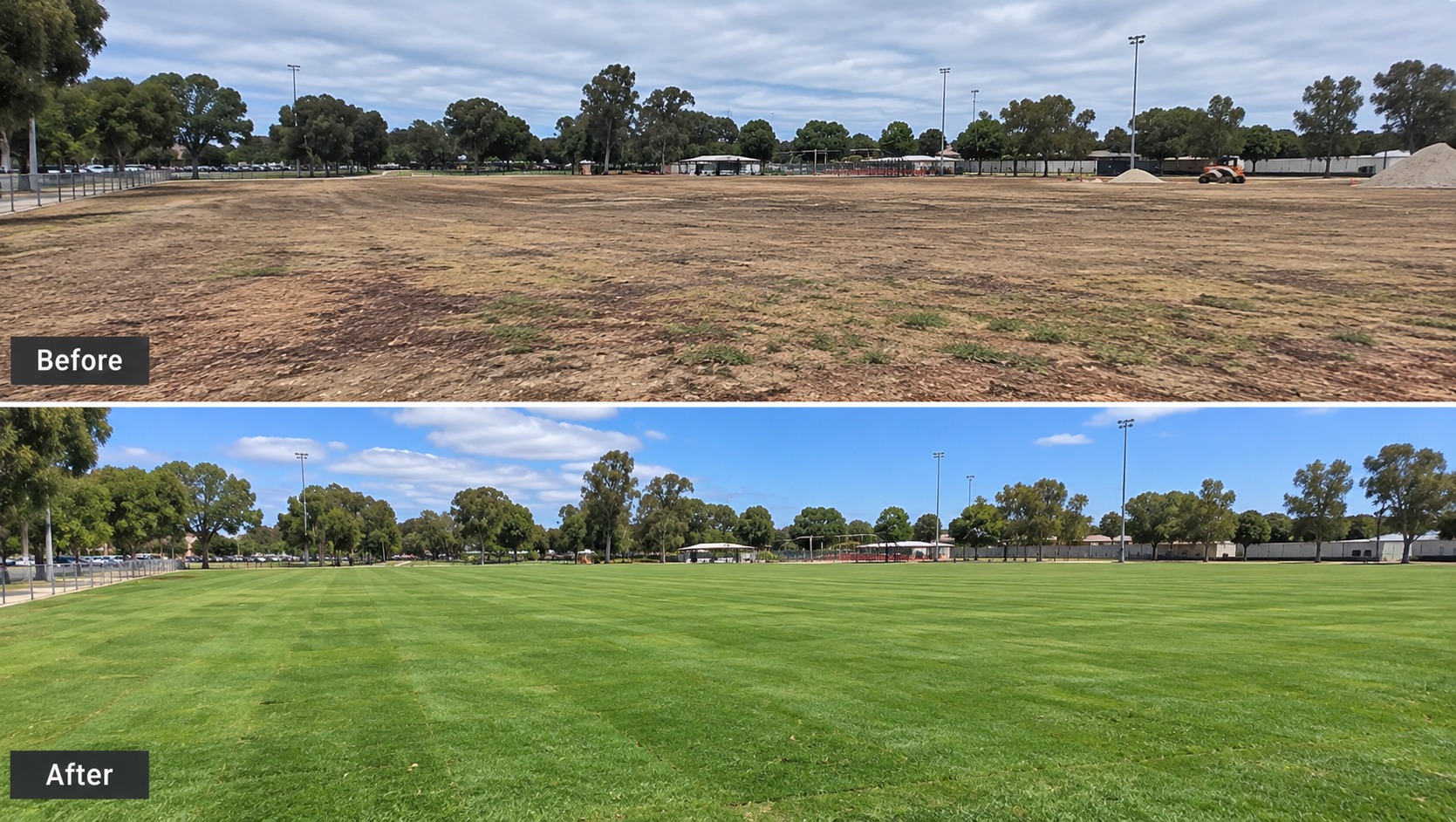 Before and after a large-scale lawn renovation on a Perth sports oval — bare, patchy ground transformed into lush, even turf