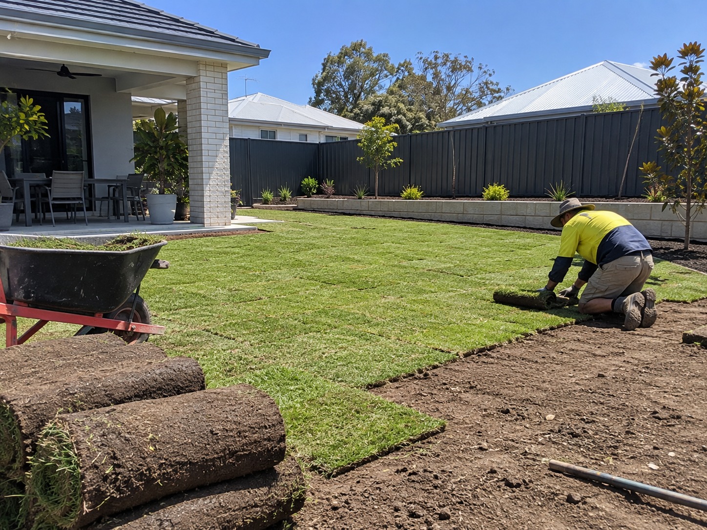 Installer laying turf rolls in a Perth backyard