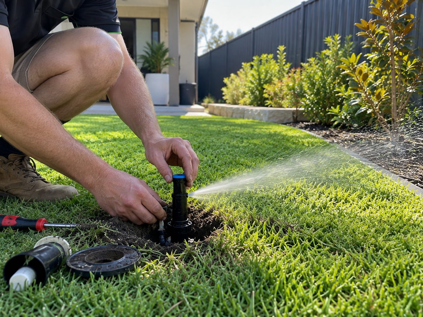 Reticulation system being serviced in a Perth yard
