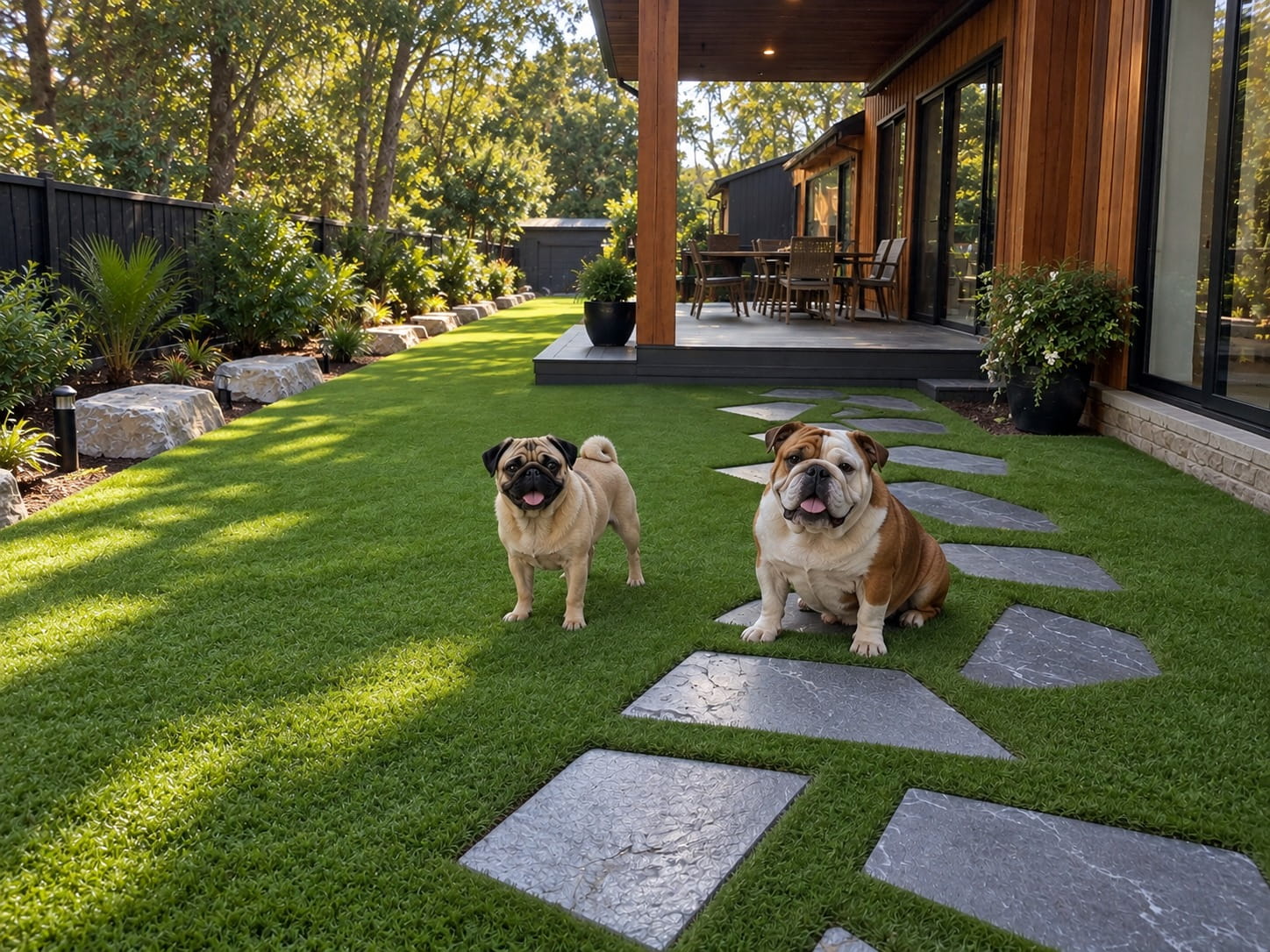 Pug and bulldog on artificial turf with stepping stones in a Perth garden
